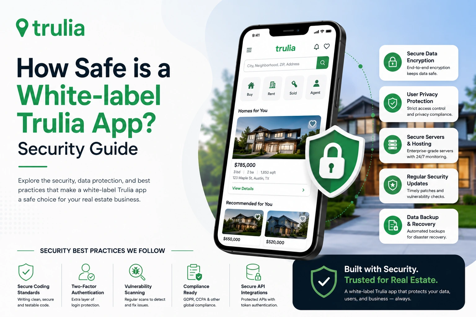 Modern Trulia-inspired security feature image showing a smartphone displaying a real estate marketplace app interface with a large green security shield overlay. The design includes bold headline text “How Safe is a White-label Trulia App? Security Guide” alongside floating security feature cards for encryption, privacy protection, secure hosting, updates, and data backup on a clean white and green corporate background.