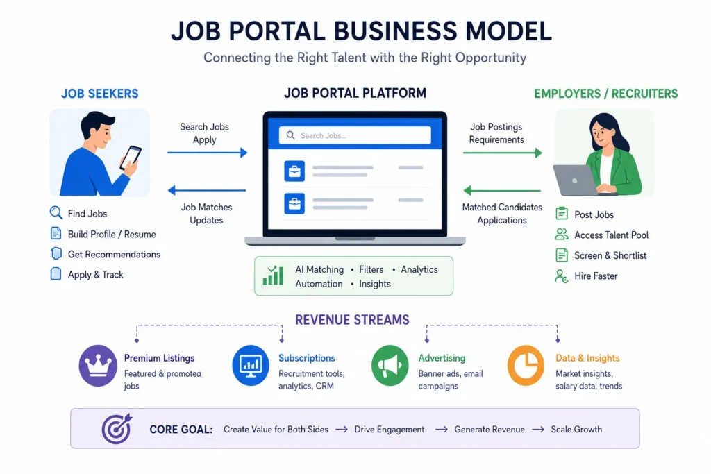 Business Model of Job Portal : Complete Strategy Breakdown 1 Informative job portal business model infographic showing how job seekers and employers connect through a digital hiring platform powered by AI matching, automation, and multiple revenue streams.