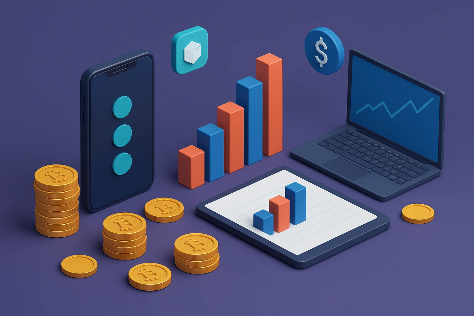 3D digital illustration showing cryptocurrency coins, laptop, bar chart and financial growth visuals representing ICO launchpad revenue model in 2025