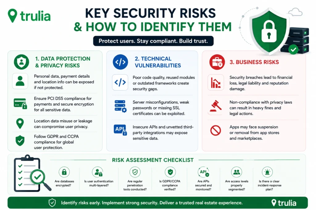 How Safe is a White-label Trulia App? Security Guide 1 Compact Trulia-inspired security infographic highlighting key security risks for white-label real estate apps, including data protection, technical vulnerabilities, and business risks. The design features green and blue corporate panels, security icons, a large shield illustration, and a risk assessment checklist focused on encryption, compliance, API security, and user protection.