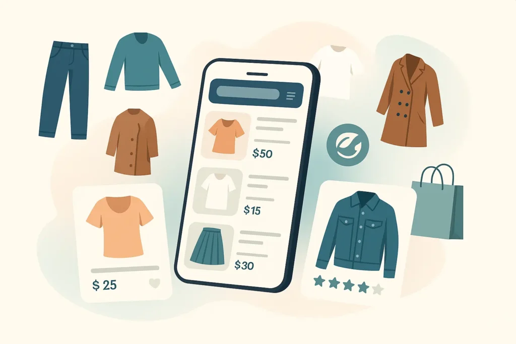 Modern digital illustration of a fashion resale marketplace interface for a Vinted Clone in 2025.