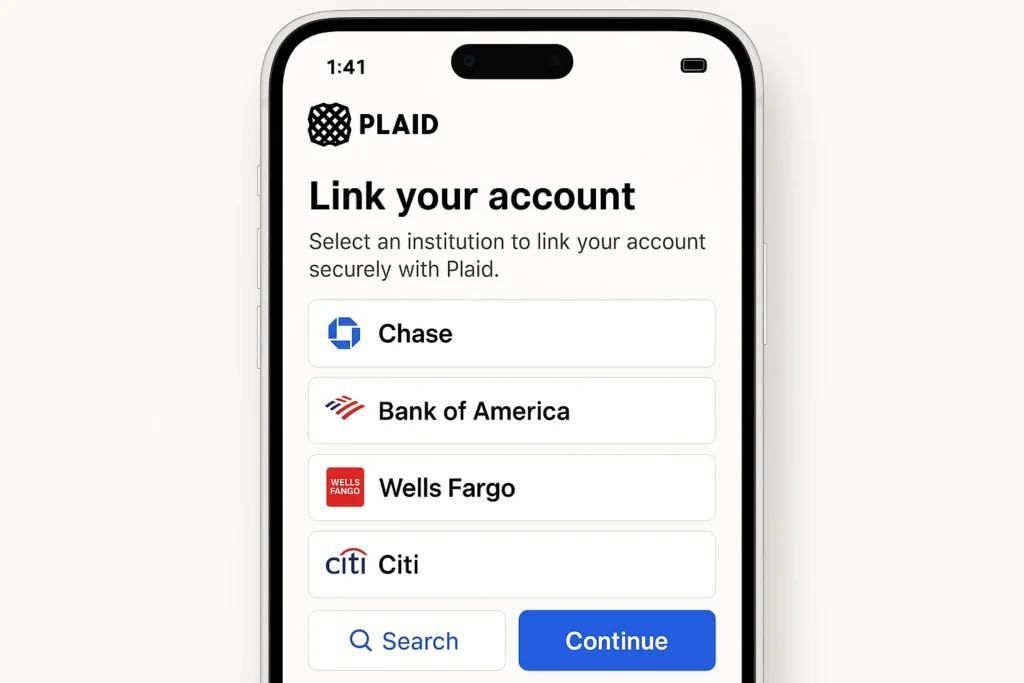 Plaid mobile interface showing secure account linking process with top US banks like Chase, Bank of America, Wells Fargo, and Citi, demonstrating financial data aggregation and secure authentication via Plaid API.