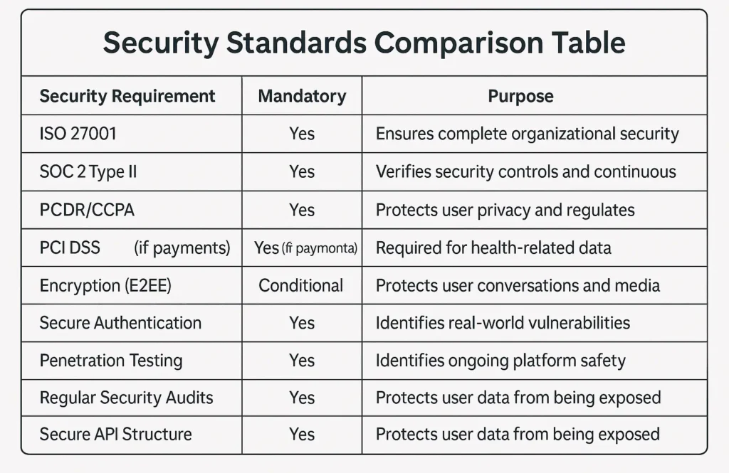 Security standards comparison table for Tinder-like apps showing ISO 27001, SOC 2, PCI DSS, encryption, authentication, audits, and compliance requirements.