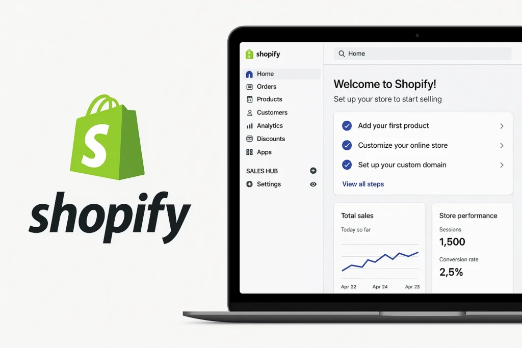Shopify app dashboard interface showing store setup steps, analytics, and navigation menu on a laptop screen