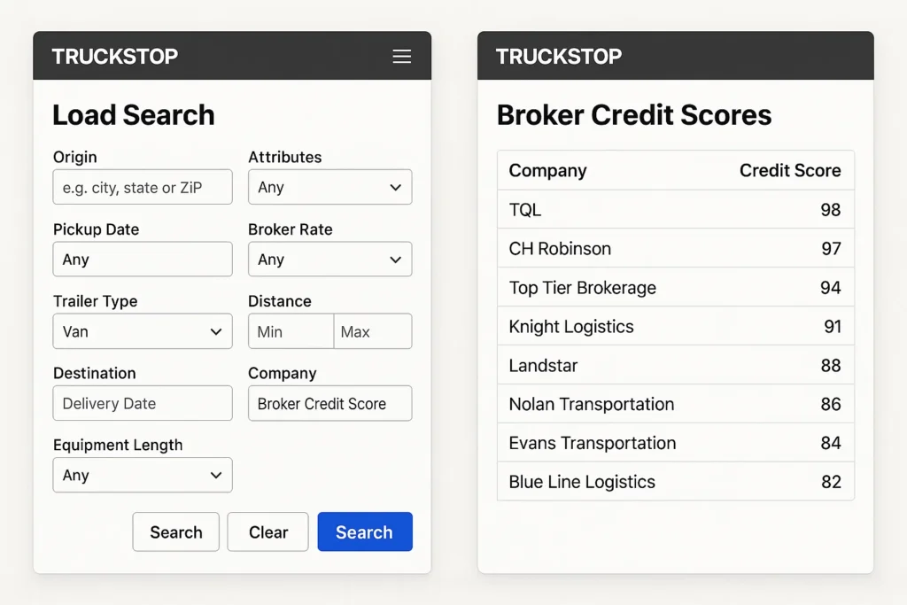 “A split view of Truckstop app showing the freight load search filters on the left and verified broker credit scores on the right – helping truck drivers choose safe and trustworthy freight brokers before hauling a load.”