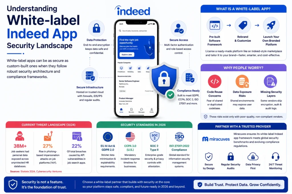 Modern Indeed-inspired security feature image showing a job portal mobile app protected by a large security shield, highlighting data protection, secure authentication, compliance standards, cloud security, and user privacy in a clean blue-and-white corporate design.