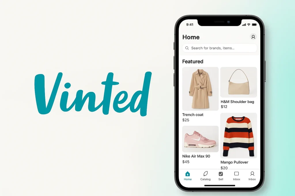 Vinted app logo with smartphone showing featured clothing listings