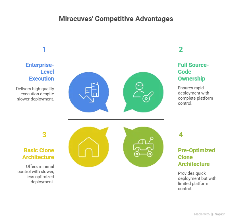 Miracuves ThredUp Clone solution showing fast delivery, full source-code ownership, AI-ready architecture, and scalable resale marketplace technology.