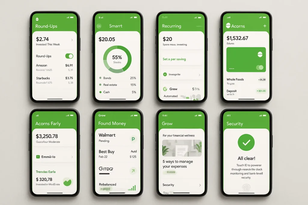 Acorns app showing multiple screens with features like round-ups, smart investing, found money, and financial growth tracking.