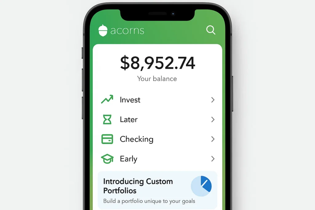 Acorns app showing total balance and investment options with custom portfolio feature on smartphone screen.