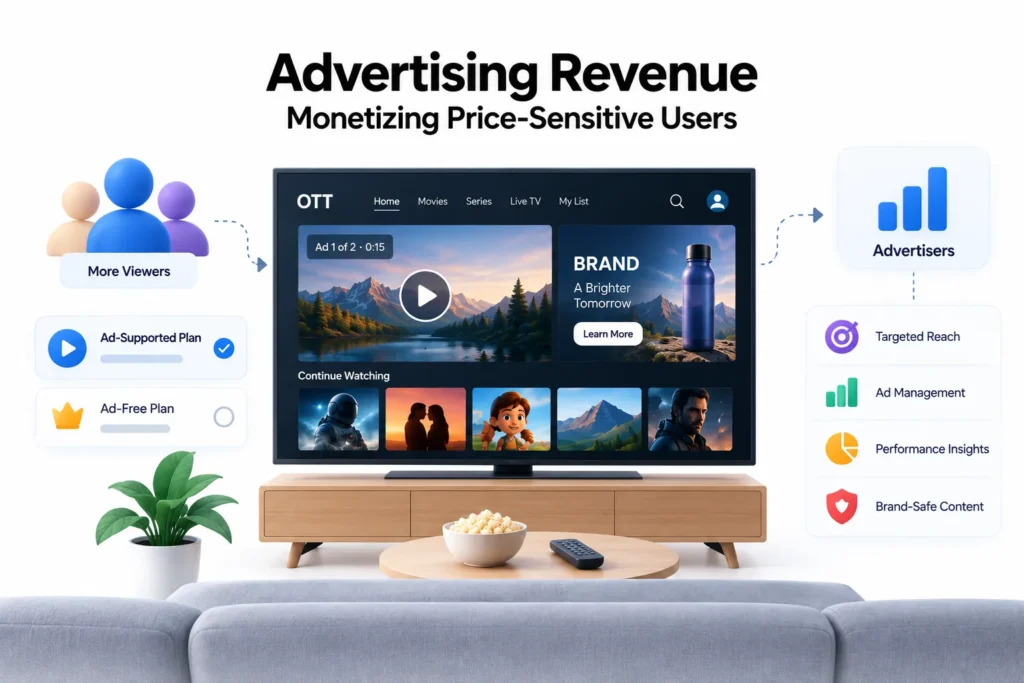 OTT streaming platform advertising revenue model showing ad-supported plans, more viewers, advertiser reach, ad management, and performance insights.