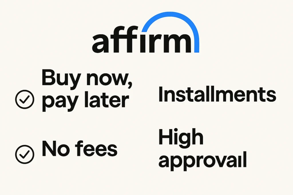Affirm buy now pay later features showing no fees, installments, and high approval benefits.