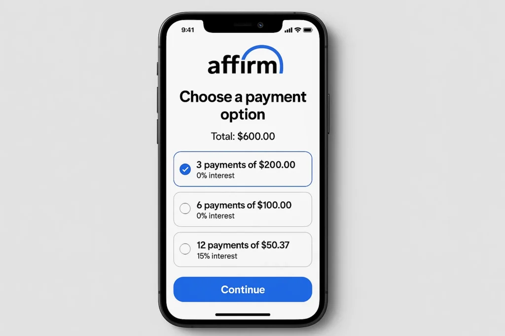 Affirm payment options screen showing installment choices for a $600 purchase