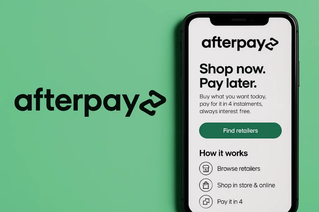 Afterpay app interface showing shop now pay later options on a smartphone screen with Afterpay logo