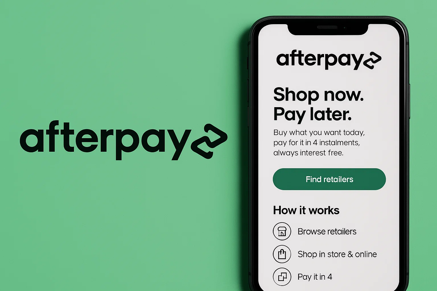 Afterpay app interface showing shop now pay later options on a smartphone screen with Afterpay logo