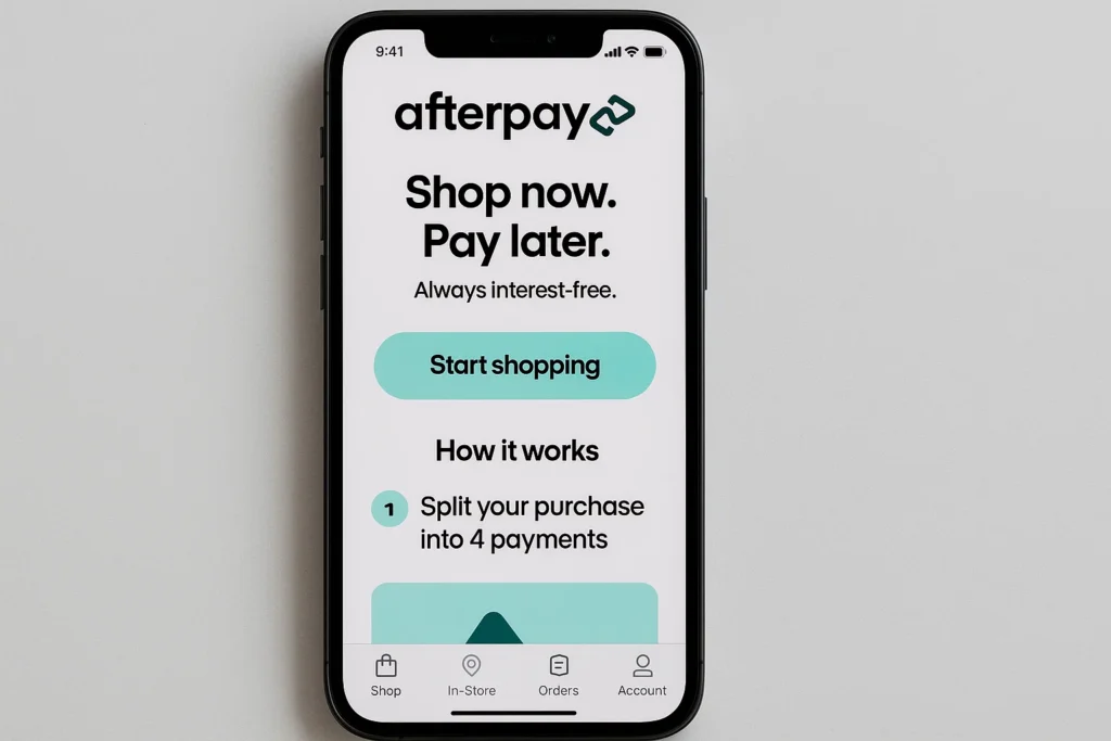 Mobile screen showing the Afterpay app interface with “Shop now. Pay later.” message, interest-free installment option, and shopping navigation menu.