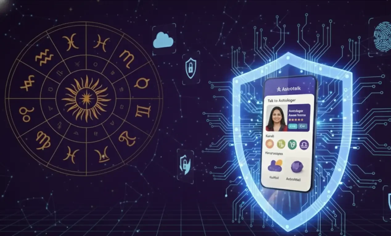 Astrology mobile app protected by digital security shield with zodiac background and encrypted data protection