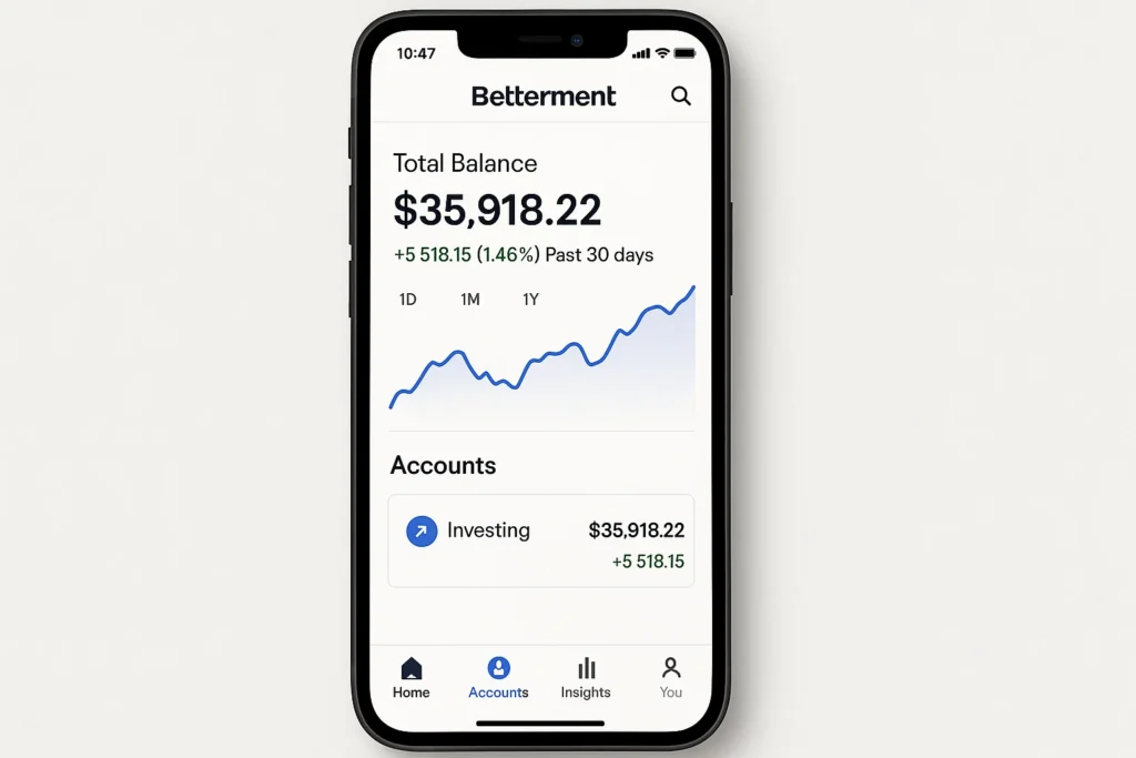 Betterment investing app interface displaying total balance of thirty five thousand nine hundred eighteen dollars with a rising performance chart and account overview on a smartphone screen.