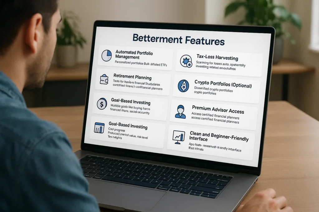 Person viewing a laptop screen displaying Betterment features including automated portfolio management, tax-loss harvesting, retirement planning, crypto portfolios, and premium advisor access.