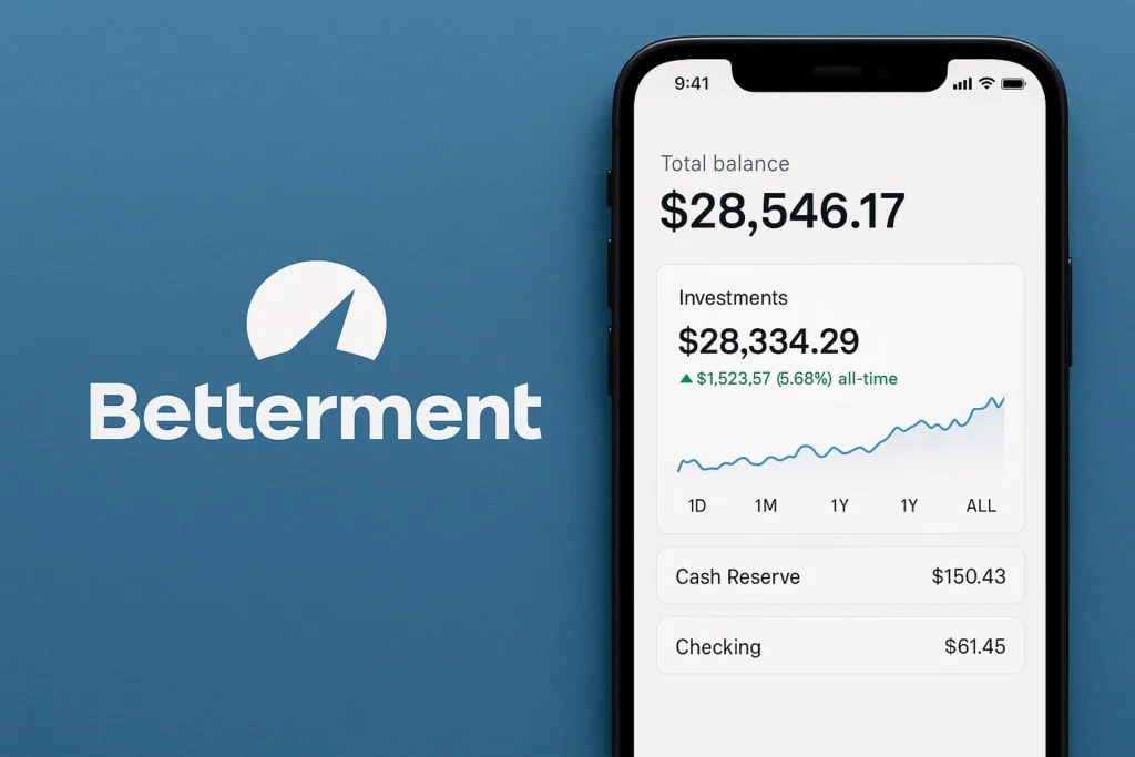Betterment app interface displaying total balance of twenty five thousand dollars, portfolio growth chart, investing balance, and cash balance on a mobile screen.