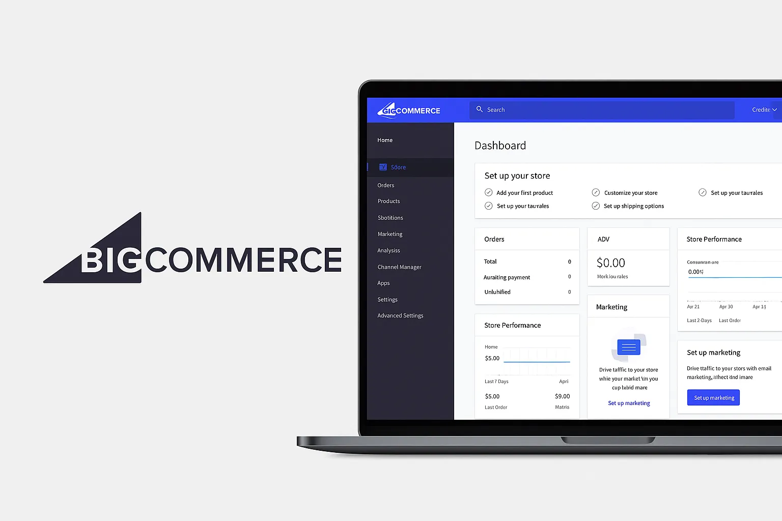 BigCommerce logo with laptop displaying the ecommerce dashboard, showing store setup, performance metrics, and admin features.