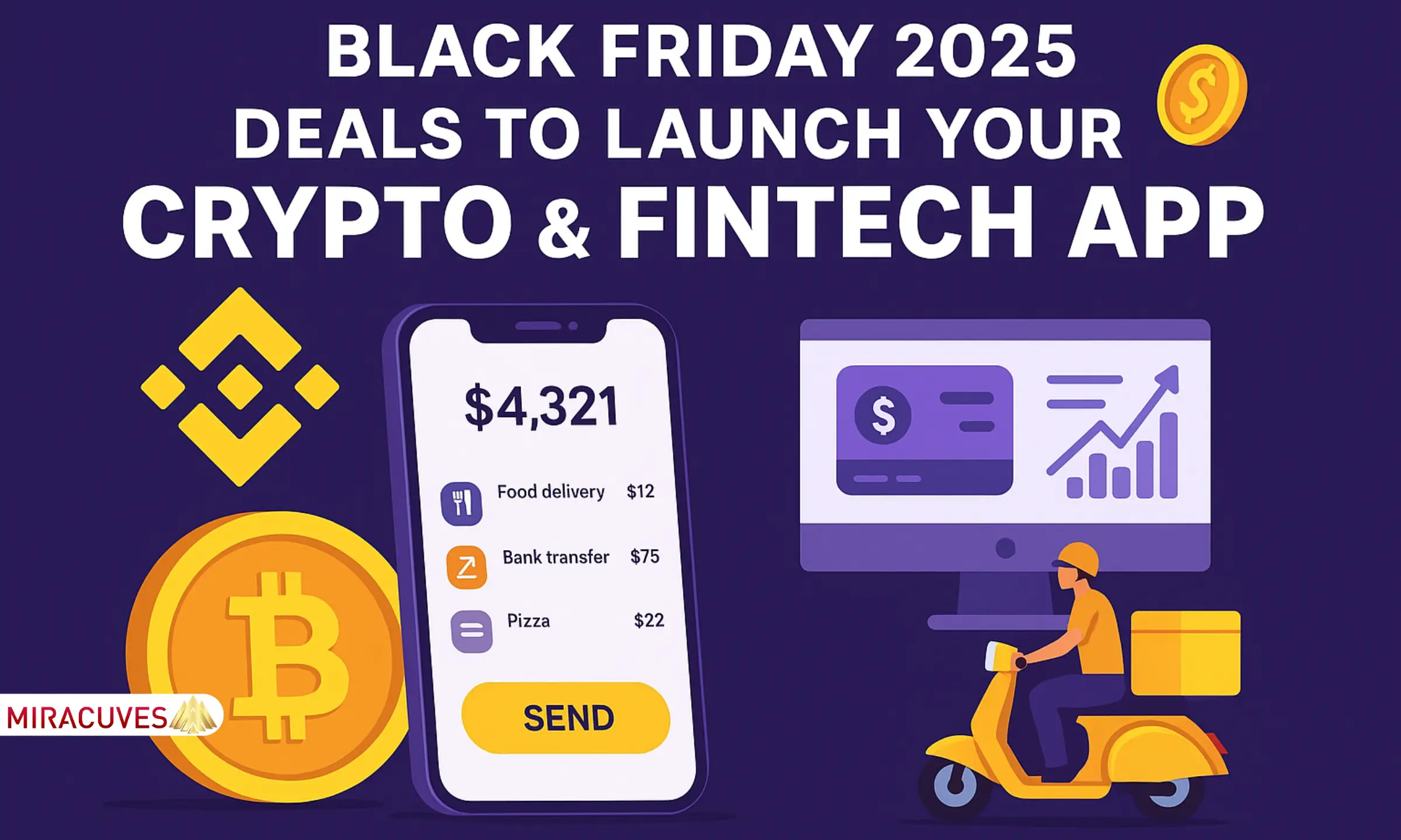 Black Friday 2025 crypto and fintech app illustration with mobile wallet and financial icons