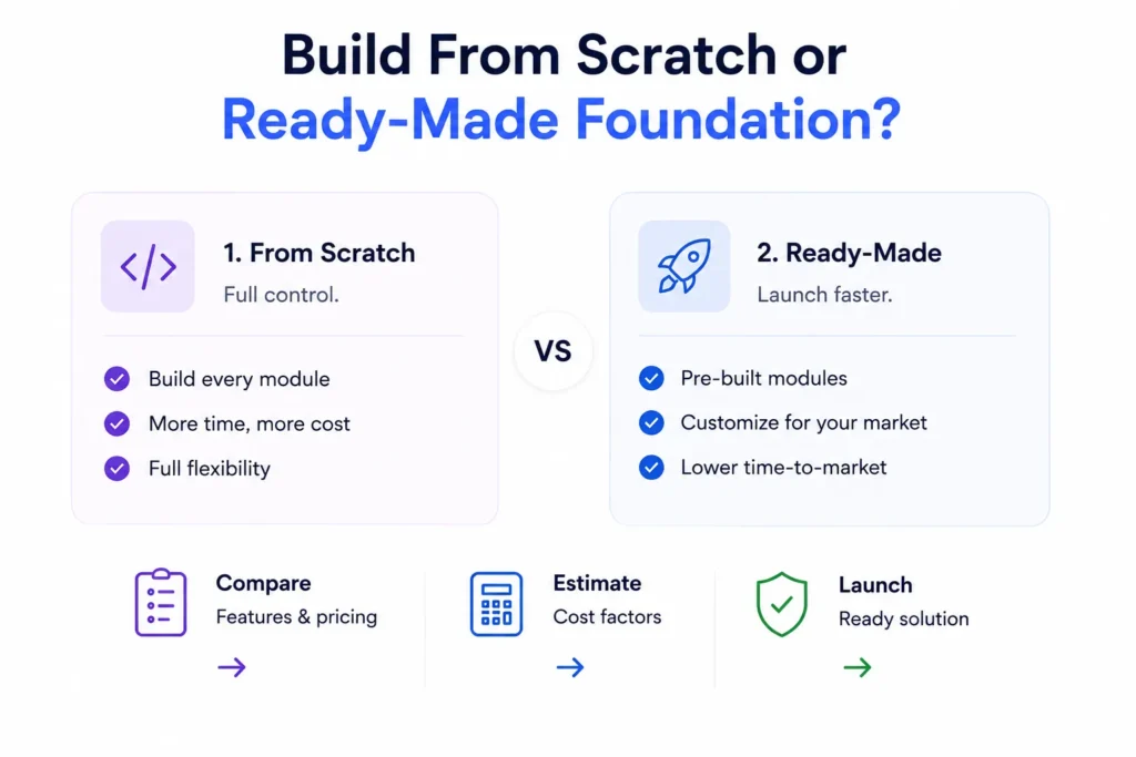 How Credit Card Bill Payment and Rewards Apps Work: User Journey, Trust Logic, and Engagement Model 2 Build from scratch vs ready-made foundation comparison showing development flexibility, pre-built modules, customization, cost, and faster launch.