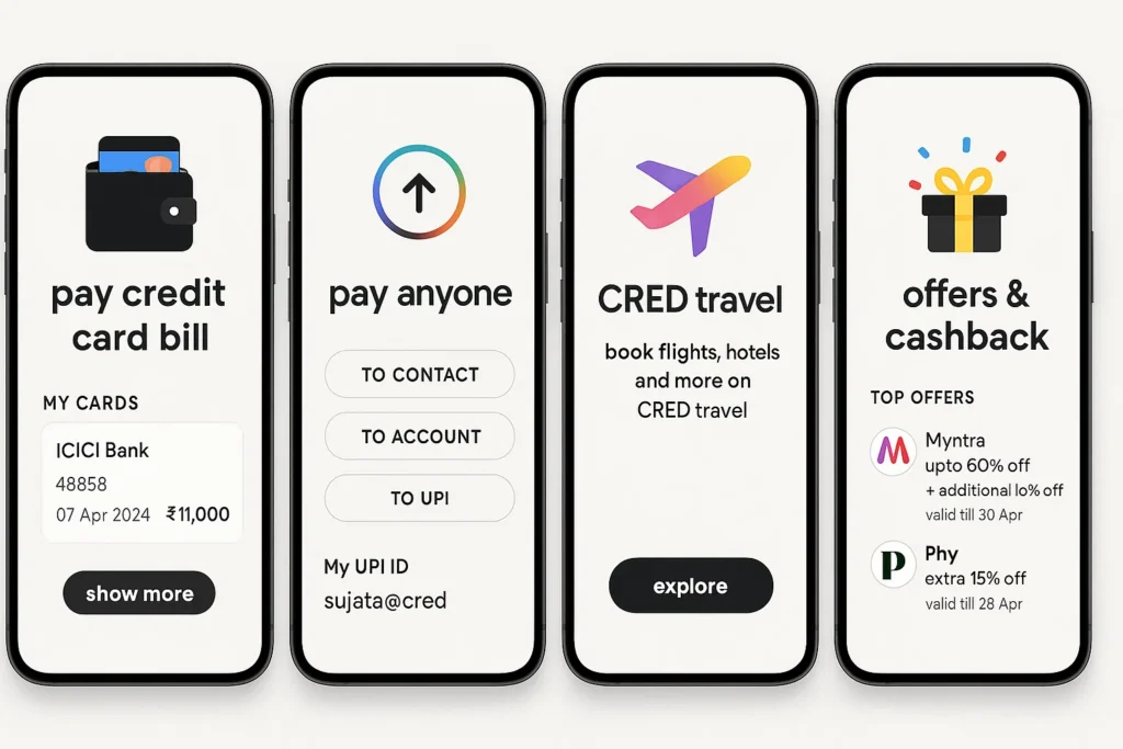 CRED app screens showing credit card bill payment, UPI transfers, travel booking and cashback offers.
