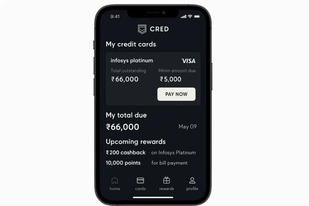 CRED app dashboard showing credit card payment due reminders and reward points.