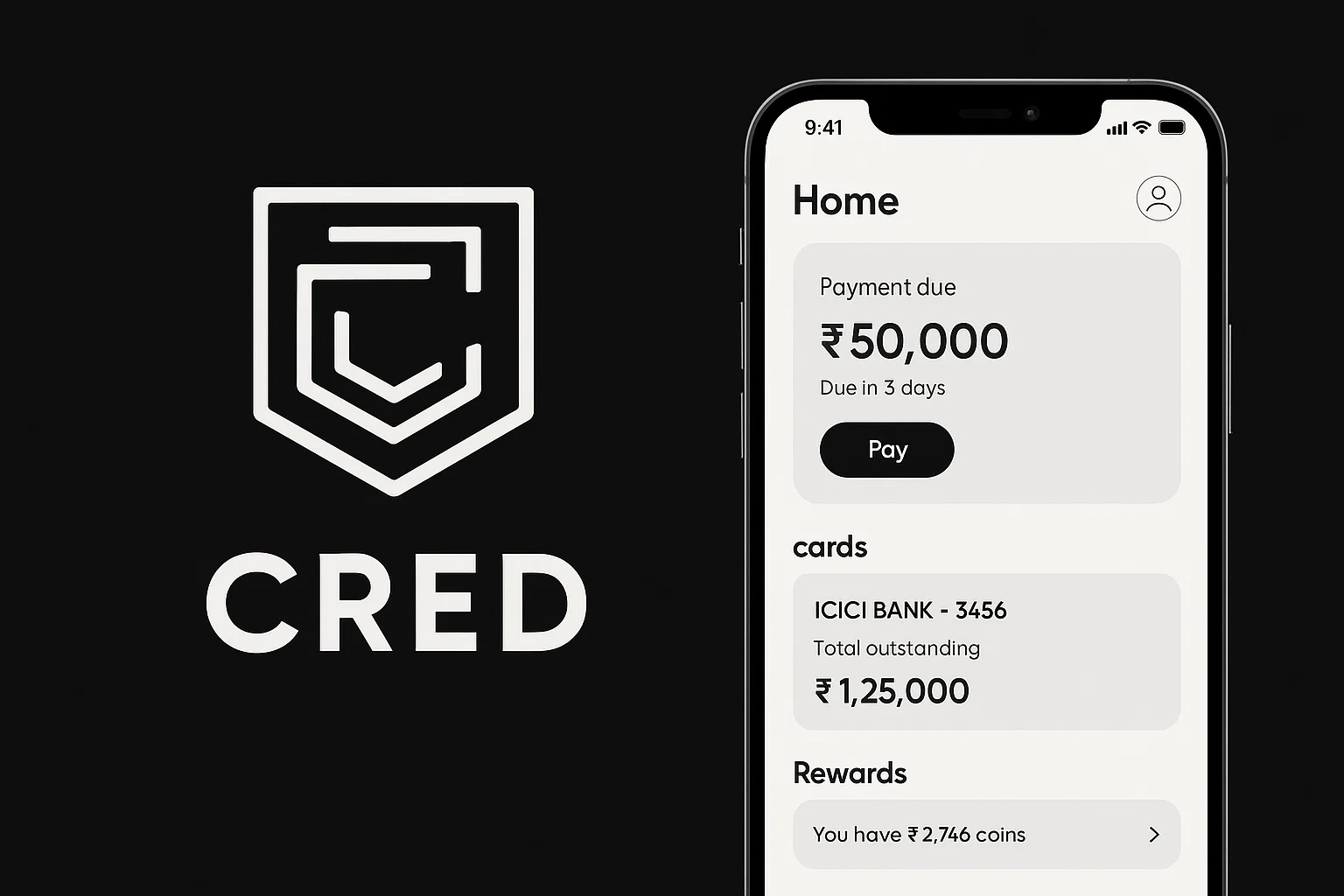 CRED app interface showing credit card payment due and rewards.