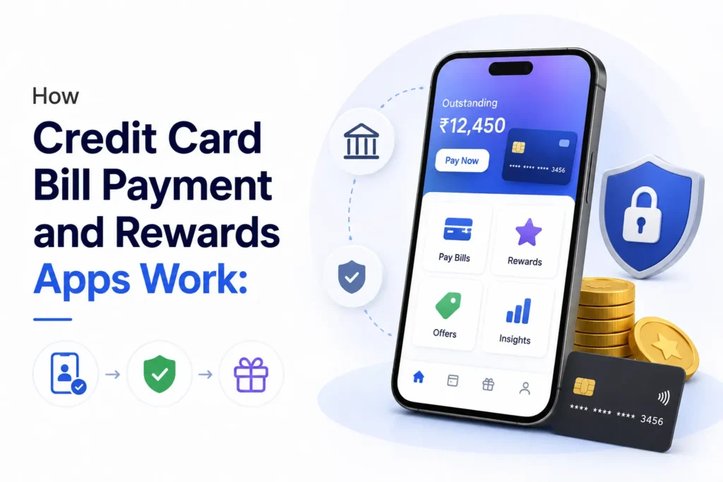 Credit card bill payment and rewards app showing bill payments, rewards, offers, insights, secure transactions, and credit card management.