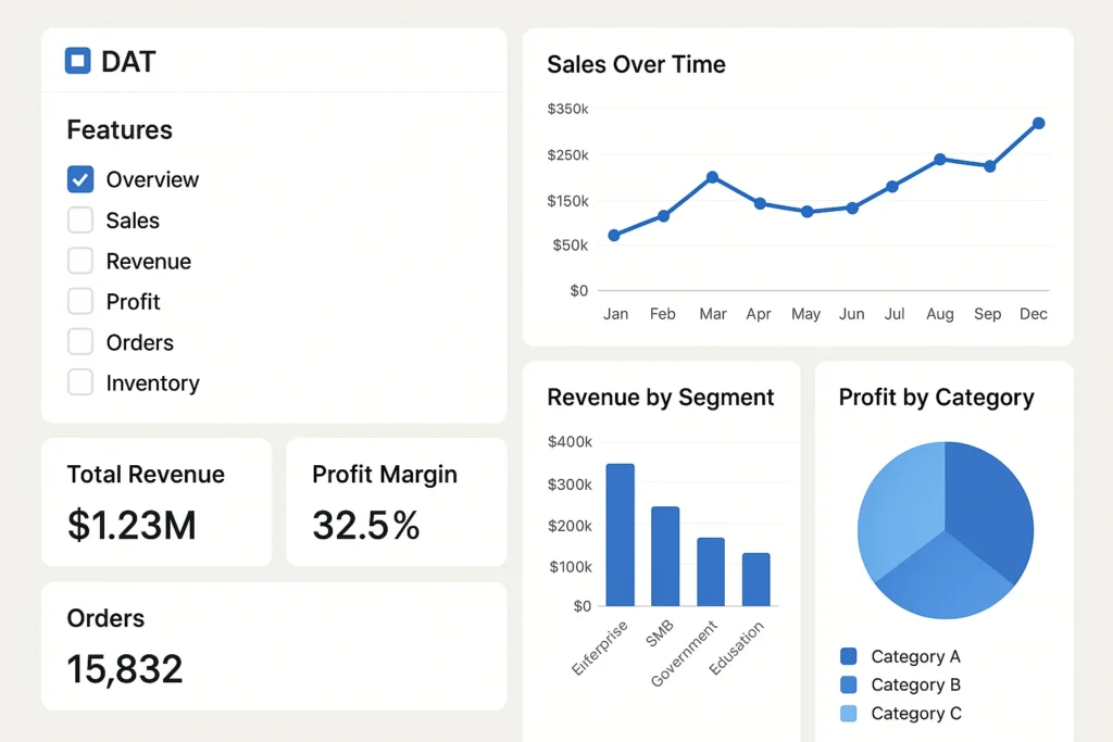 Detailed analytics dashboard of the DAT platform showing financial and operational metrics including total revenue of $1.23M, a 32.5% profit margin, and 15,832 total orders. The interface includes a sidebar with feature options (Overview, Sales, Revenue, Profit, Orders, Inventory), a line graph of sales over time from January to December, a bar chart labeled “Revenue by Segment,” and a pie chart showing “Profit by Category.” Ideal visual representation of how DAT Load Board presents real-time data for logistics, freight management, and business decision-making.