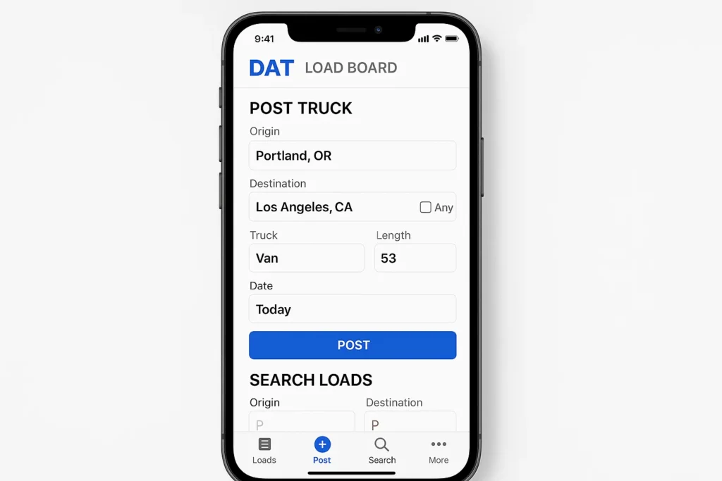 Mobile screenshot of the DAT Load Board app showing a “Post Truck” form with fields for origin (Portland, OR), destination (Los Angeles, CA), truck type selection, vehicle length, and date, along with a blue “Post” button. The interface highlights how truck owners and logistics professionals can quickly post available trucks and search loads in real time using the DAT Load Board platform.