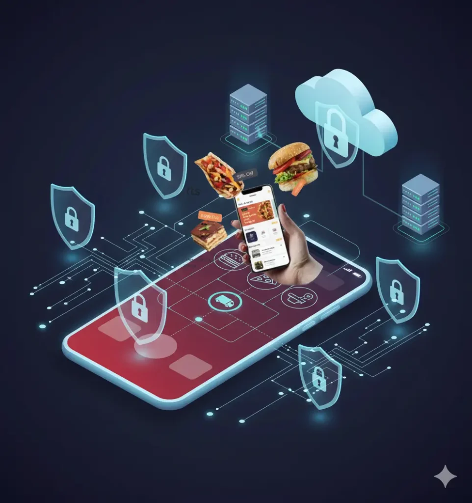 Secure food delivery app ecosystem with cloud protection, servers, and digital shields