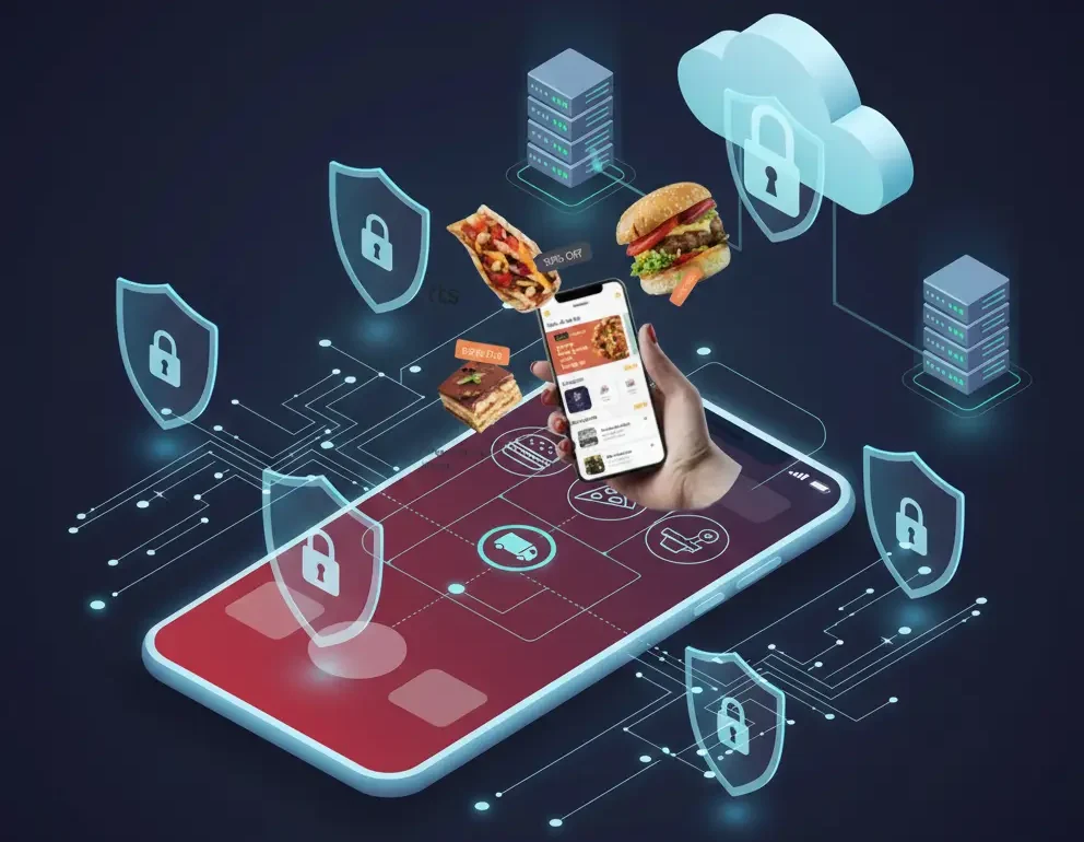 Secure food delivery app ecosystem with cloud protection, servers, and digital shields