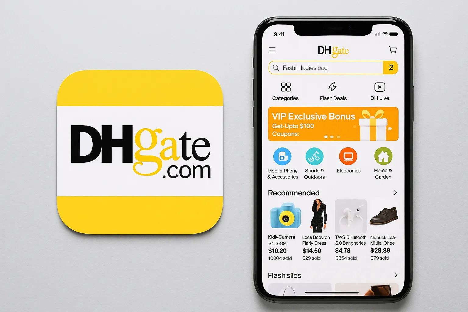 DHgate app interface displayed on a smartphone next to the official DHgate logo, showing categories, flash deals, and product listings