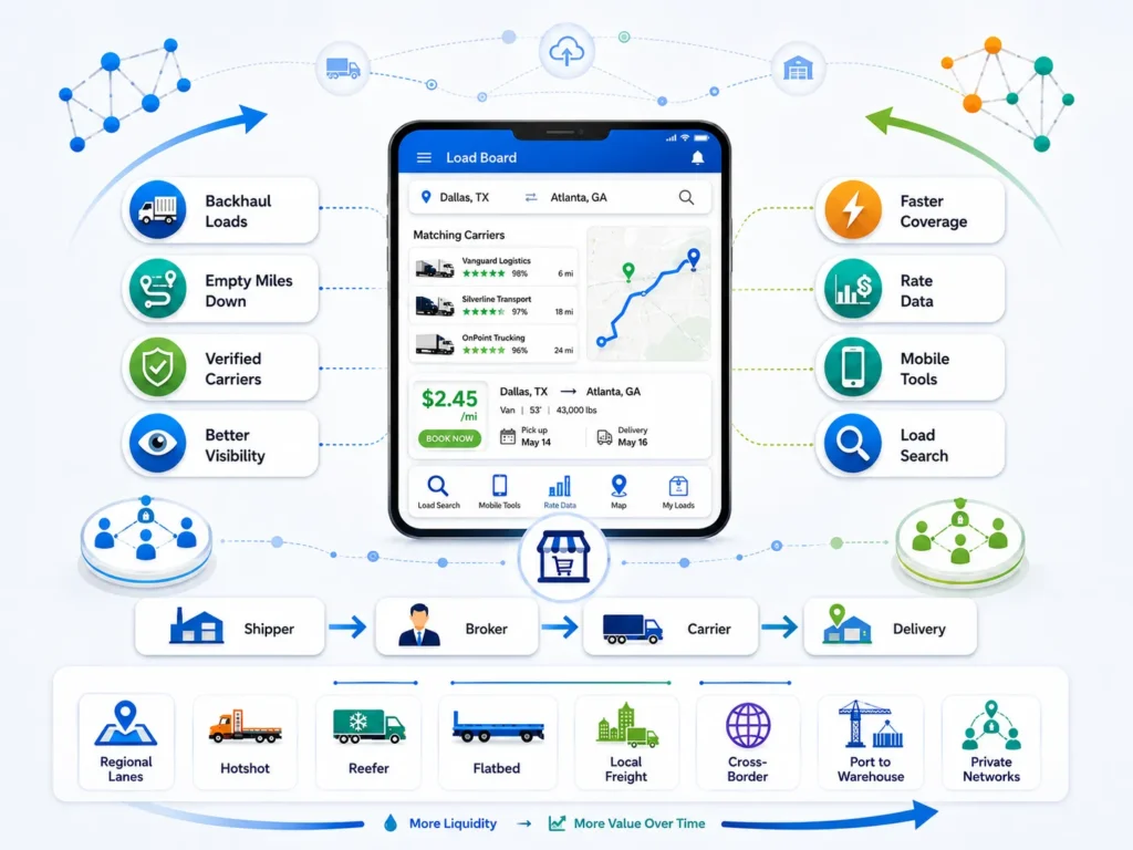 What Is a DAT Load Board-Like App and How Does a Digital Freight Marketplace Work? 1 Digital freight marketplace load board connecting shippers, brokers, carriers, and deliveries with load search, rate data, verified carriers, and mobile tools