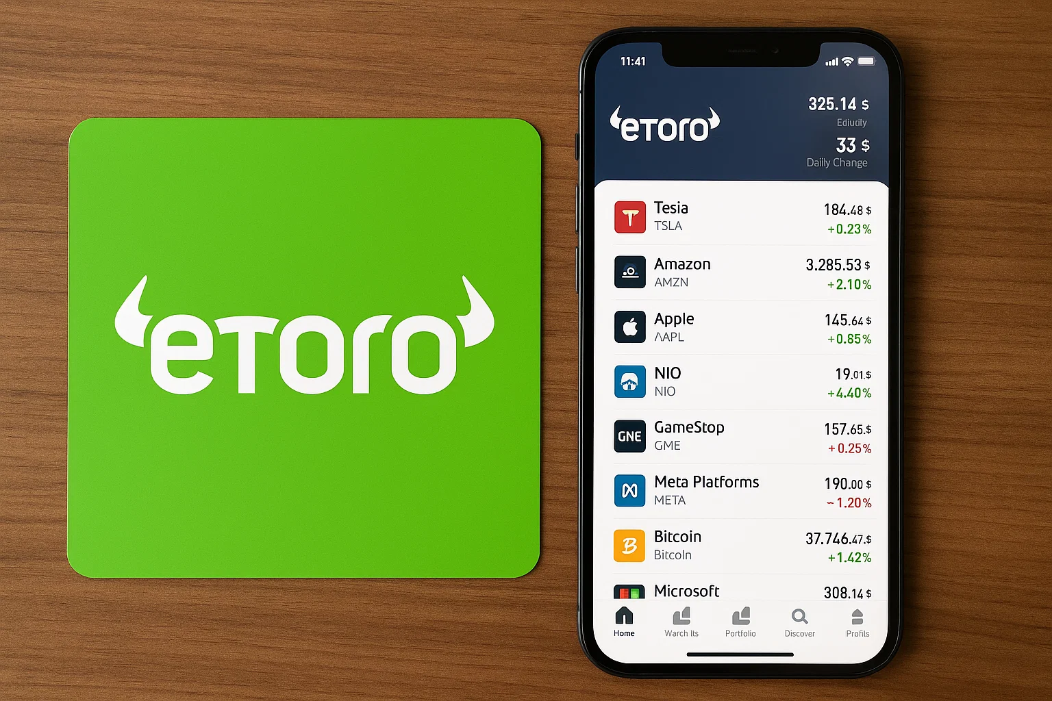 eToro trading app showing live stock and crypto prices on a smartphone next to the eToro logo