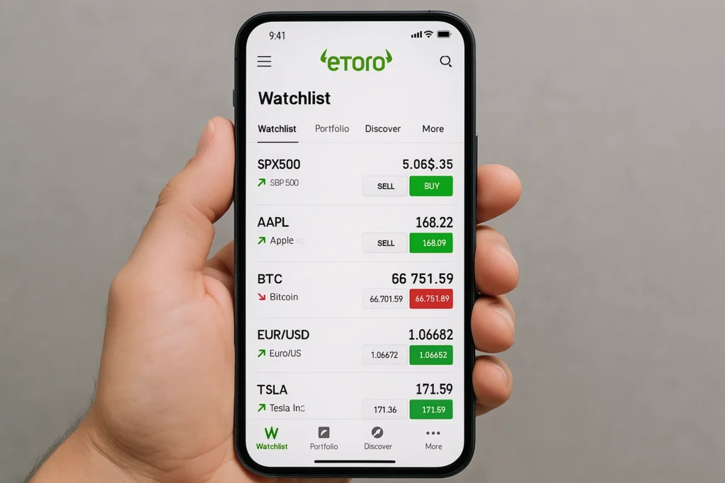Hand holding a smartphone displaying the eToro app watchlist with live prices for stocks, crypto, and forex.