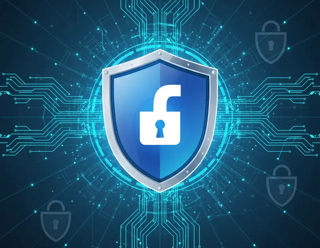 Facebook app security illustration featuring a digital lock and shield symbolizing data encryption and privacy protection.