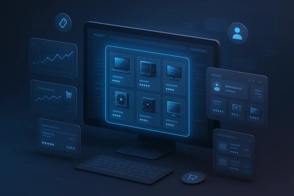 Best Newegg Clone Script 2025 feature image showing a futuristic electronics marketplace UI