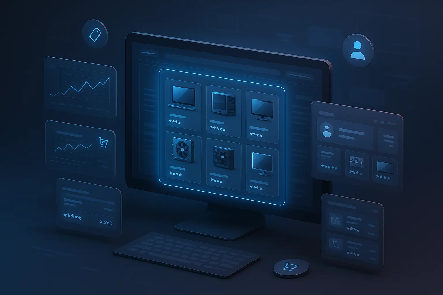 Best Newegg Clone Script 2025 feature image showing a futuristic electronics marketplace UI
