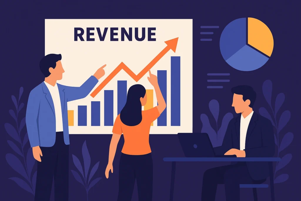 Illustration showing a team analyzing financial growth and revenue metrics for a Fiverr clone marketplace platform.