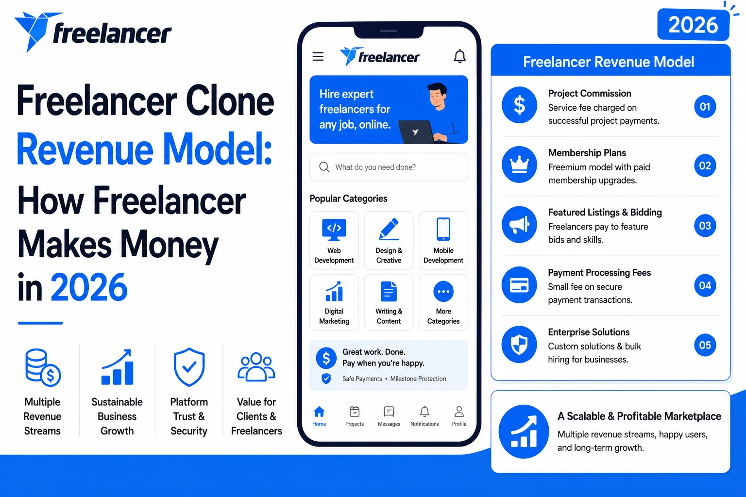 Freelancer clone revenue model infographic showing project commissions, membership plans, featured listings, payment processing fees, and enterprise solutions