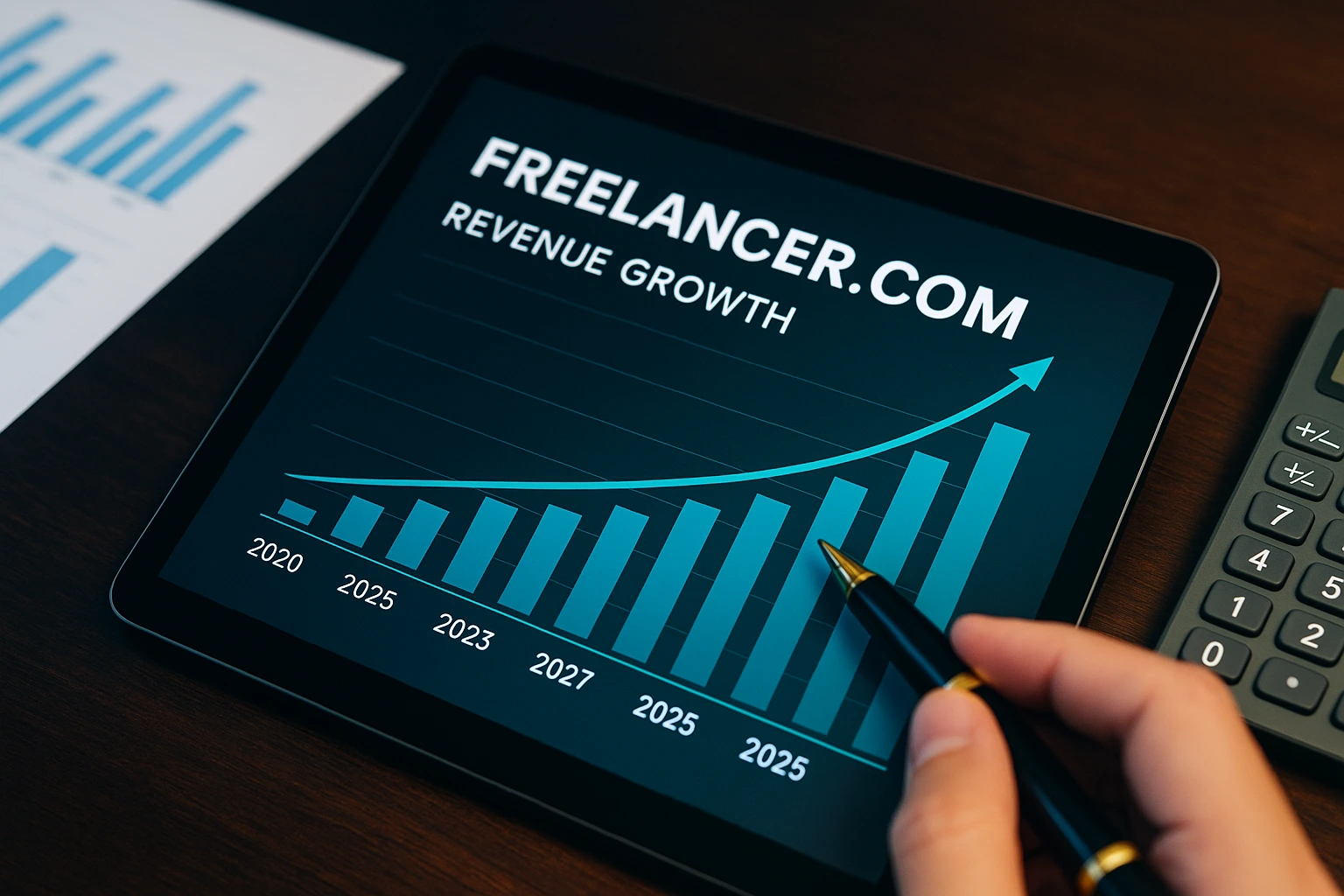 Revenue growth analysis concept for Freelancer Clone with digital chart and financial workspace