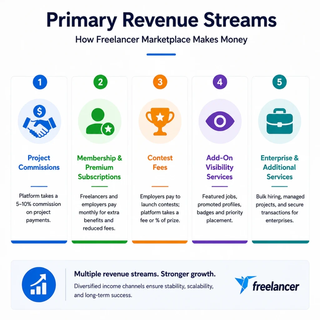 Freelancer Clone Revenue Model: How Freelancer Makes Money in 2026 1 Freelancer revenue streams infographic showing project commissions, premium subscriptions, contest fees, visibility services, and enterprise solutions