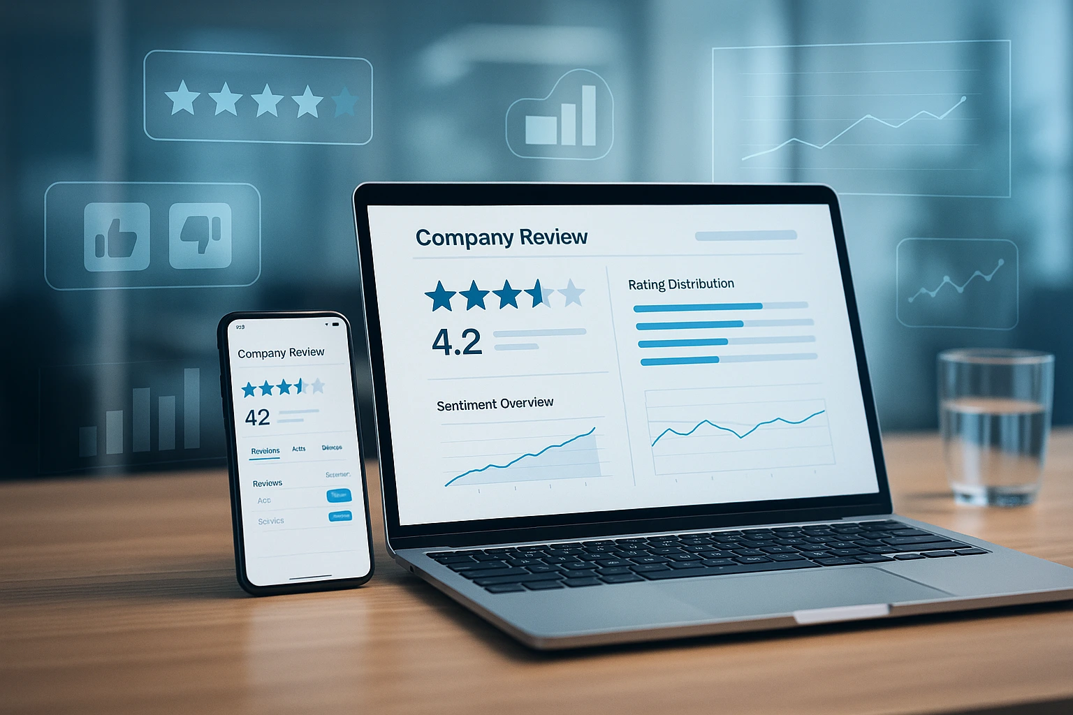 Job review and employer rating dashboard on laptop and smartphone with hiring analytics visuals.