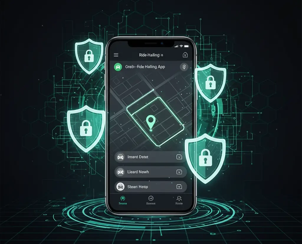 Secure Grab-like ride-hailing app interface with digital shields representing data protection and cybersecurity.