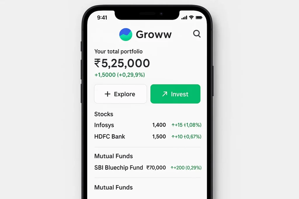 Groww app portfolio dashboard showing total investment value, stocks, and mutual fund performance on a smartphone screen.