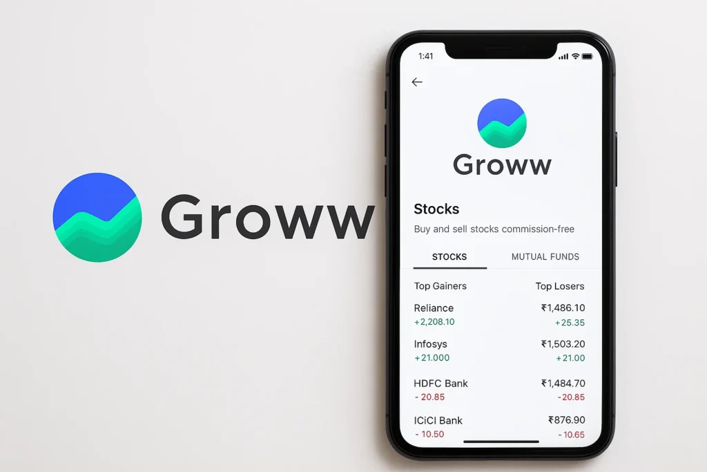 Groww app interface showing stock market dashboard with top gainers and losers list on a smartphone screen.